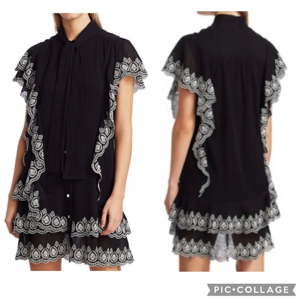 DEREK LAM 10 CROSBY Women’s Black Eyelet Trim KALIA CASCADE Dress Tie Neck Sz 8